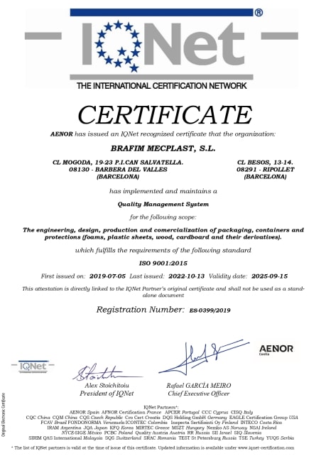 Certificado IQNet brafim Quality management systems